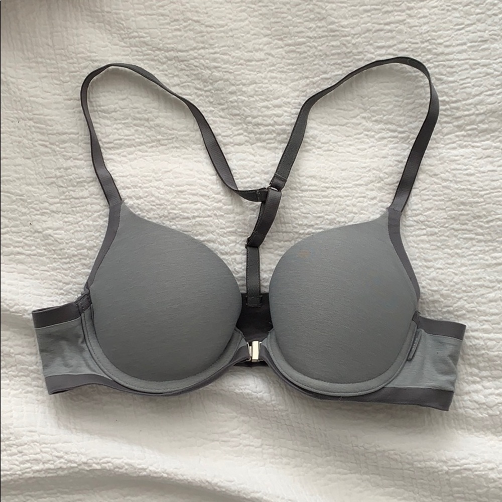 Grey, ultra soft racer back aerie bra.
